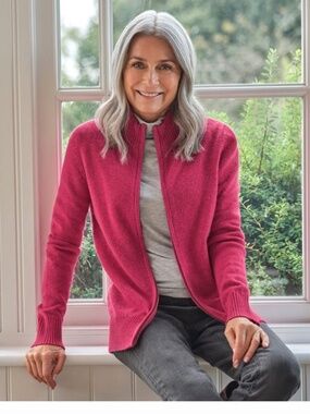 WoolOvers Lambswool Zip Thru Cardigan in Berry Juice